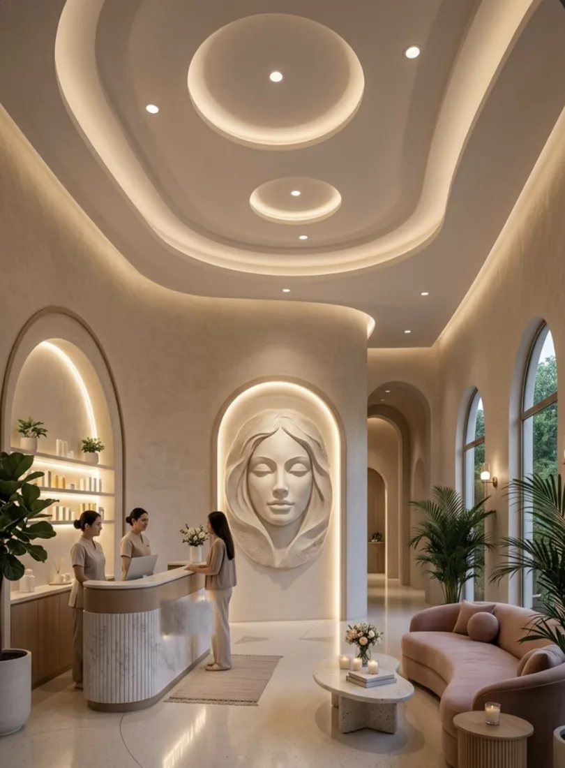 Accueil de l'institut A&L Beauty à Nice, arches lumineuses et salon d'attente