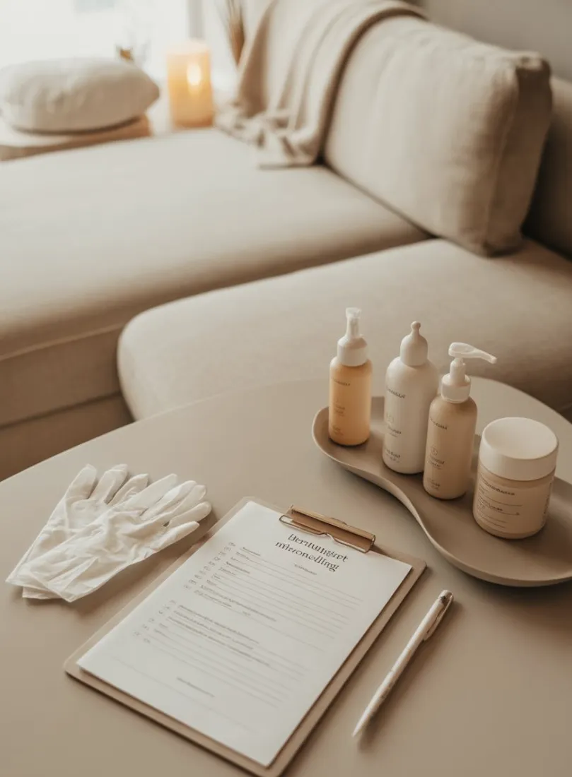 Fiche de diagnostic de peau, gants et produits de soin à l'institut A&L Beauty