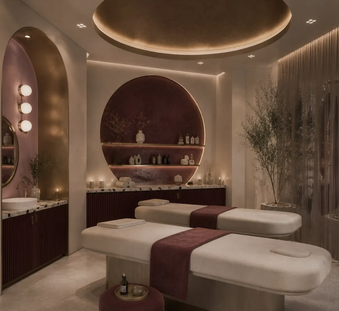 Cabine de soin de l'institut A&L Beauty à Nice : deux tables de massage, niche bordeaux et lumière dorée