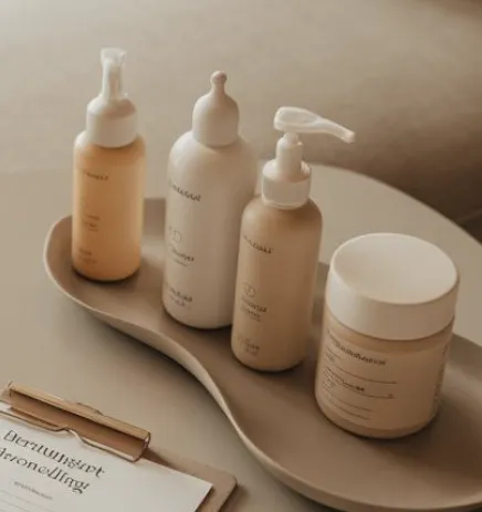 Produits de soin du visage posés sur un plateau, institut A&L Beauty